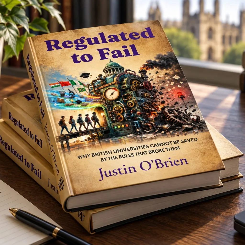 Three copies of Regulated to Fail stacked on a desk, the spine of the book visible