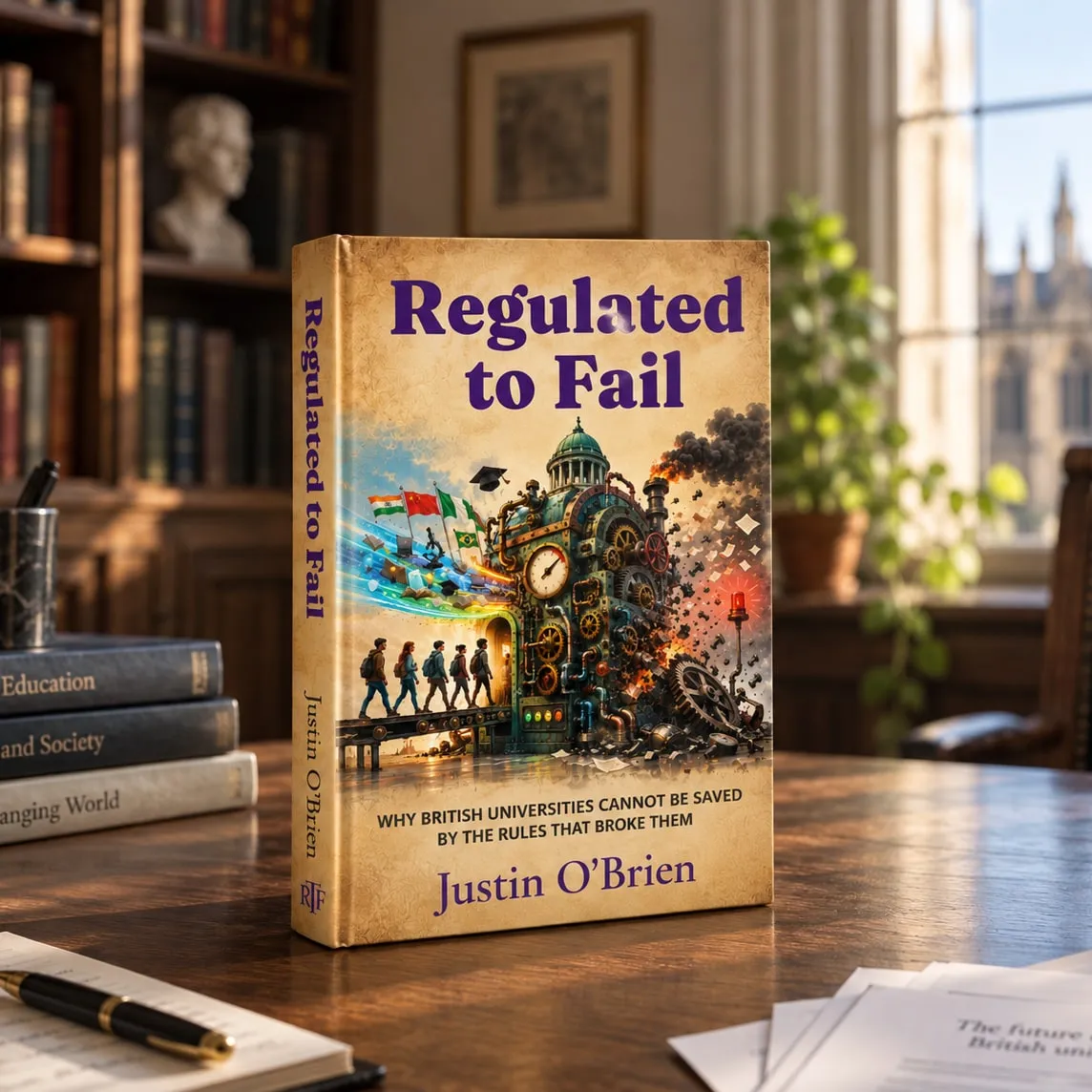 Regulated to Fail by Justin O'Brien, standing on a desk in front of a window looking out on a university building